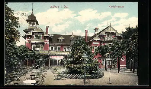 AK Löbau i. Sa., Gasthaus Honigbrunnen mit Terrasse