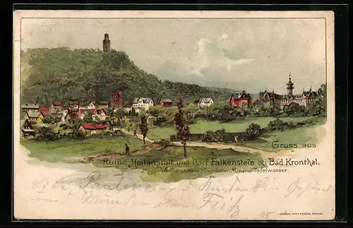 Lithographie Falkenstein b. Bad Kronthal, Ruine, Heilanstalt und Dorf Falkenstein