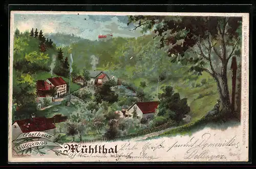 Lithographie Mühlthal b. Starnberg, Gasthaus Guggemos aus der Vogelschau