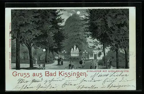 Mondschein-Lithographie Bad Kissingen, Kurgarten mit Quellengruppe