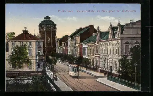 AK M.-Gladbach, Viersenerstrasse, im Hintergrund der Wasserturm, Strassenbahn