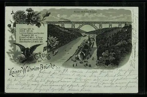 Lithographie Müngsten, Kaiser-Wilhelm-Brücke mit Passanten