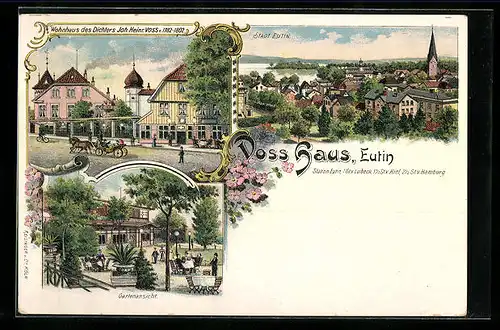 Lithographie Eutin, Voss-Haus, Gartenansicht, Ortsansicht