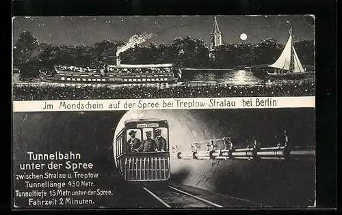 AK Berlin-Stralau, Schiffsfahrt auf der Spree, Tunnelbahn unter der Spree