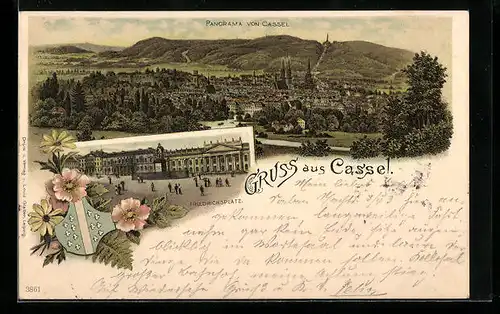 Lithographie Kassel, Friedrichsplatz, Ortspanorama, Ortswappen