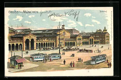 Lithographie München, Strassenbahnverkehr vor dem Bahnhof