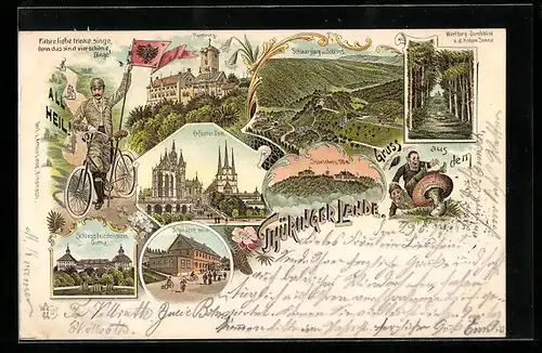 Lithographie Erfurt, Dom, Thüringer Land mit Wartburg, Schwarzburg, Radfahrer