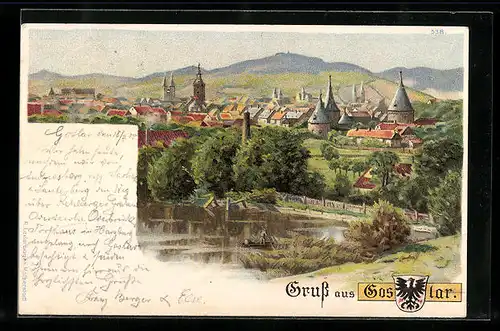 Lithographie Goslar, Ortsansicht mit Kirchtürmen