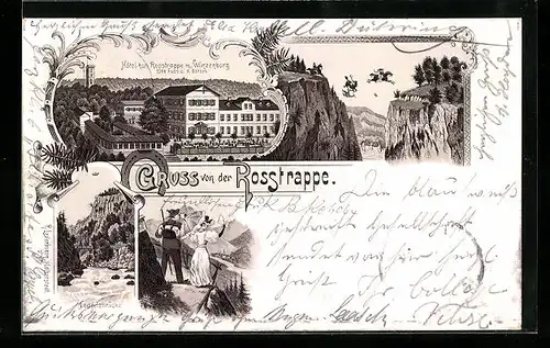 Lithographie Thale, Hotel zur Rosstrappe m. Winzenburg, Teufelsbrücke, Rosstrappensprung