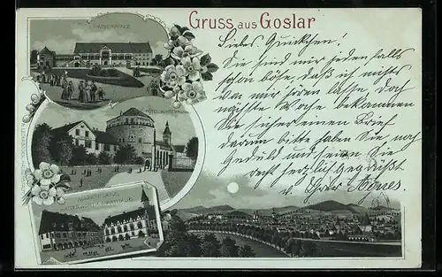 Mondschein-Lithographie Goslar, Kaiserpfalz, Hotel Achtermann, Marktplatz, Kaiserworth und Rathaus