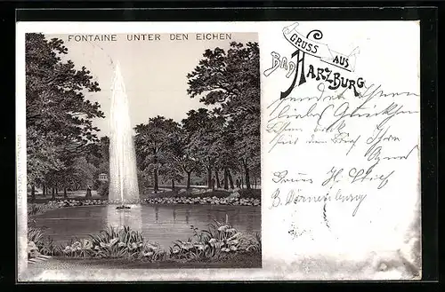 Lithographie Bad Harzburg, Fontaine unter den Eichen