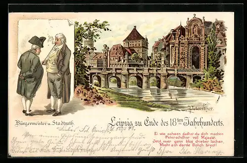 Lithographie Leipzig, Flusspartie mit Petersthor zu Ende des 18. Jahrhunderts