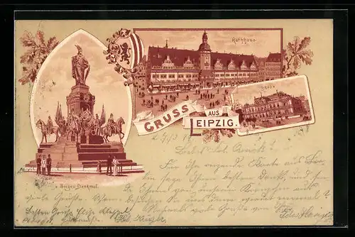 Lithographie Leipzig, Rathaus, Siegesdenkmal, Börse