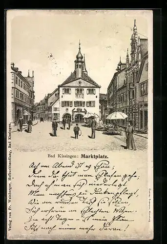 Lithographie Kissingen, Marktplatz mit Passanten