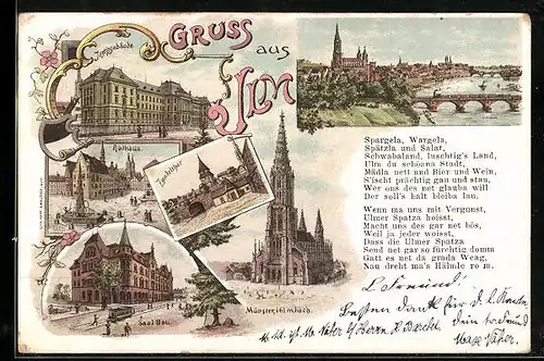 Lithographie Ulm, Rathaus, Zundelthor, Justizgebäude, Saal Bau