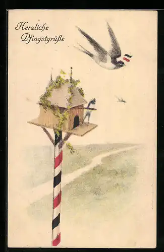 AK Zwei Schwalben am Vogelhaus, Pfingstgruss