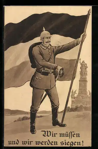 AK Soldat in Uniform mit Pickelhaube und Fahne