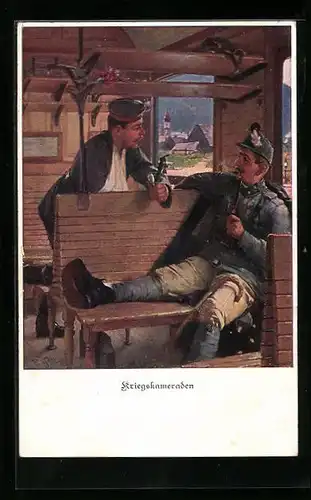 AK Kriegskameraden mit Tabakspfeifen im Bahnabteil, Zweibund