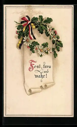 AK Eichenzweige mit Gänseblumen und Fahnenband, Zweibund