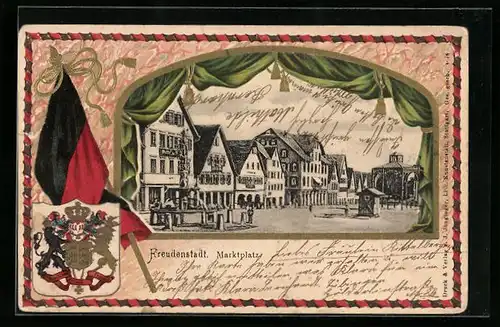 Passepartout-Lithographie Freudenstadt, Blick auf den Marktplatz, Wappen