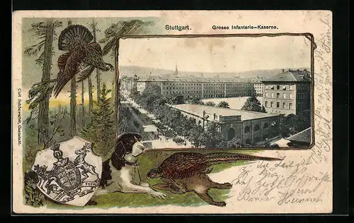 Passepartout-Lithographie Stuttgart, Grosse Infanterie-Kaserne, Wappen