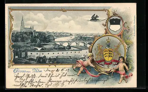 Passepartout-Lithographie Ulm, Teilansicht des Ortes, Wappen