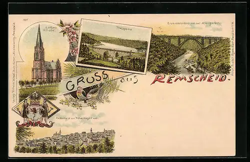 Lithographie Remscheid, Ortsansicht mit Lutherkirche, Thalsperre und Eisenbahnbrücke