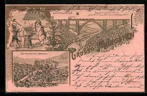 Lithographie Müngsten, Kaiser Wilhelm Brücke und alte Wupperbrücke und Restaurant