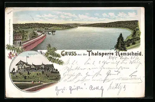 Lithographie Remscheid, Blick auf die Thalsperre und Hotel u. Restaurant I. Ranges