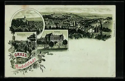 Lithographie Rudolstadt, Ortsansicht mit Marienthurm, Schloss und Rudolsbad