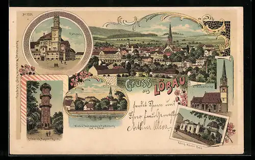 Lithographie Löbau, Rathaus und Friedrich-August-Thurm