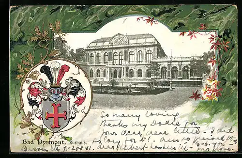 Passepartout-Lithographie Bad Pyrmont, Blick auf das Kurhaus, Wappen