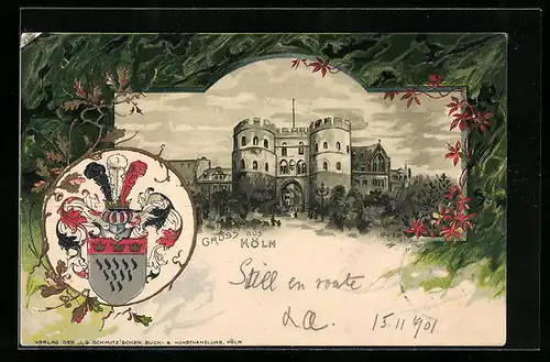 Passepartout-Lithographie Köln, Burg mit Wappen
