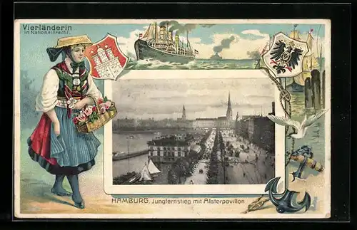Passepartout-Lithographie Hamburg-Neustadt, Vierländerin in Nationaltracht, Jungfernsteg m. Alsterpavillon, Wappen