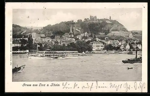 AK Linz a. Rhein, Uferpartie mit Kirche und Dampfer