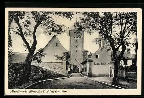 AK Karlsruhe-Durlach, Basler Tor mit Gärtnerei Ph. H. Meier