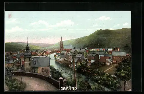 AK Gemünd, Uferpartie mit Kirche