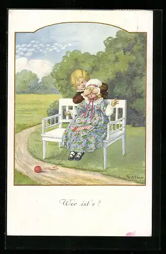 Künstler-AK Pauli Ebner: Wer ist`s, Blonder Junge hält dem Mädchen die Augen zu