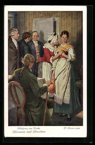 Künstler-AK Felix Elssner: Hermann und Dorothea v. Goethe, weinende Frau wird von der Schwiegermutter in spe umfasst