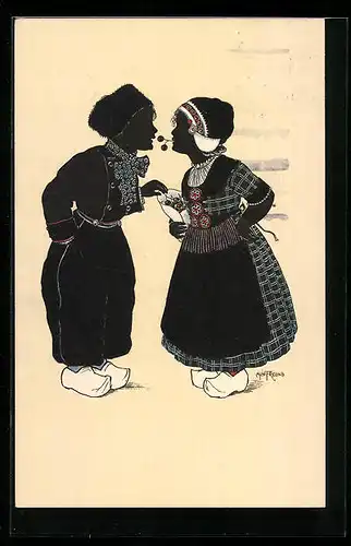 Künstler-AK Alwin Freund: Kleines Paar in Tracht nascht gemeinsam Kirschen