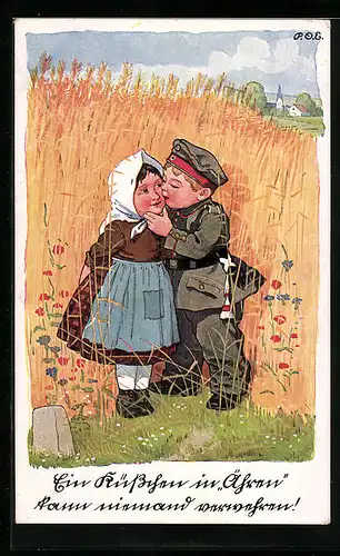 Künstler-AK P. O. Engelhard (P.O.E.): Soldat küsst seine Liebste im Getreidefeld