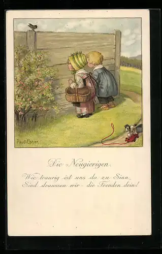 Künstler-AK Pauli Ebner: Die Neugierigen schauen durch ein Loch im Zaun