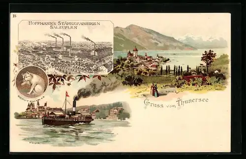 Lithographie Thun, Hoffmann`s Stärkefabriken Salzuflen, Uferpartie mit Dampfer, Thunersee