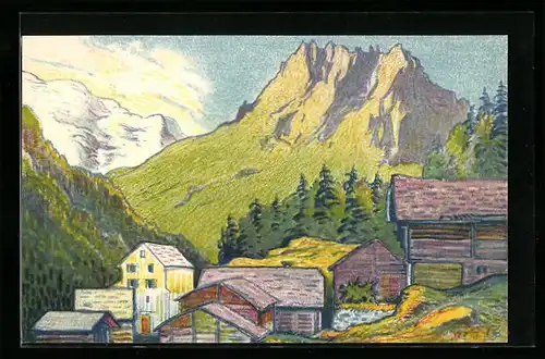 Künstler-AK Giétroz, Village avec le Mont-Blanc et les Aiguilles Rouges