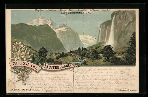 Lithographie Lauterbrunnen, Ort, Staubbach und Blick ins Lauterbrunnenthal