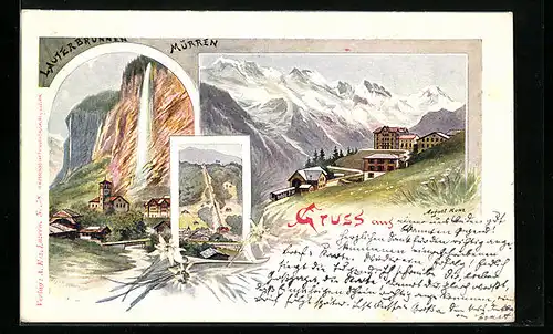 Künstler-AK Lauterbrunnen, Teilansicht mit Staubbach, Mürren mit Bergbahn