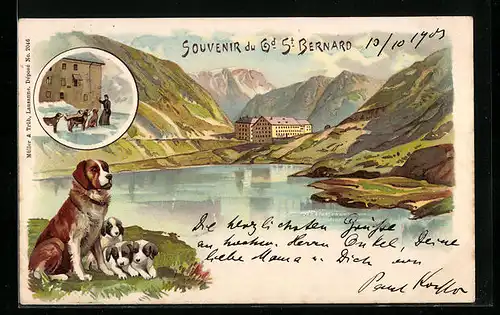 Lithographie Grand St. Bernard, Panorama, Ortspartie mit Bernhardinern im Schnee