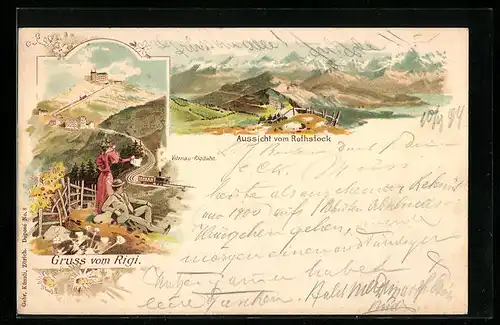 Lithographie Rigi, Aussicht vom Rothstock, Hotel mit Bergbahn