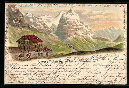 Lithographie Grosse Scheidegg, Hotel gegen Jungfrau, Mönch und Eiger