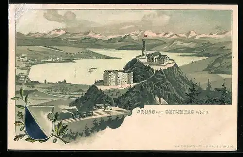 Lithographie Uetliberg b. Zürich, Hotels und Bergbahn gegen Zürichsee
